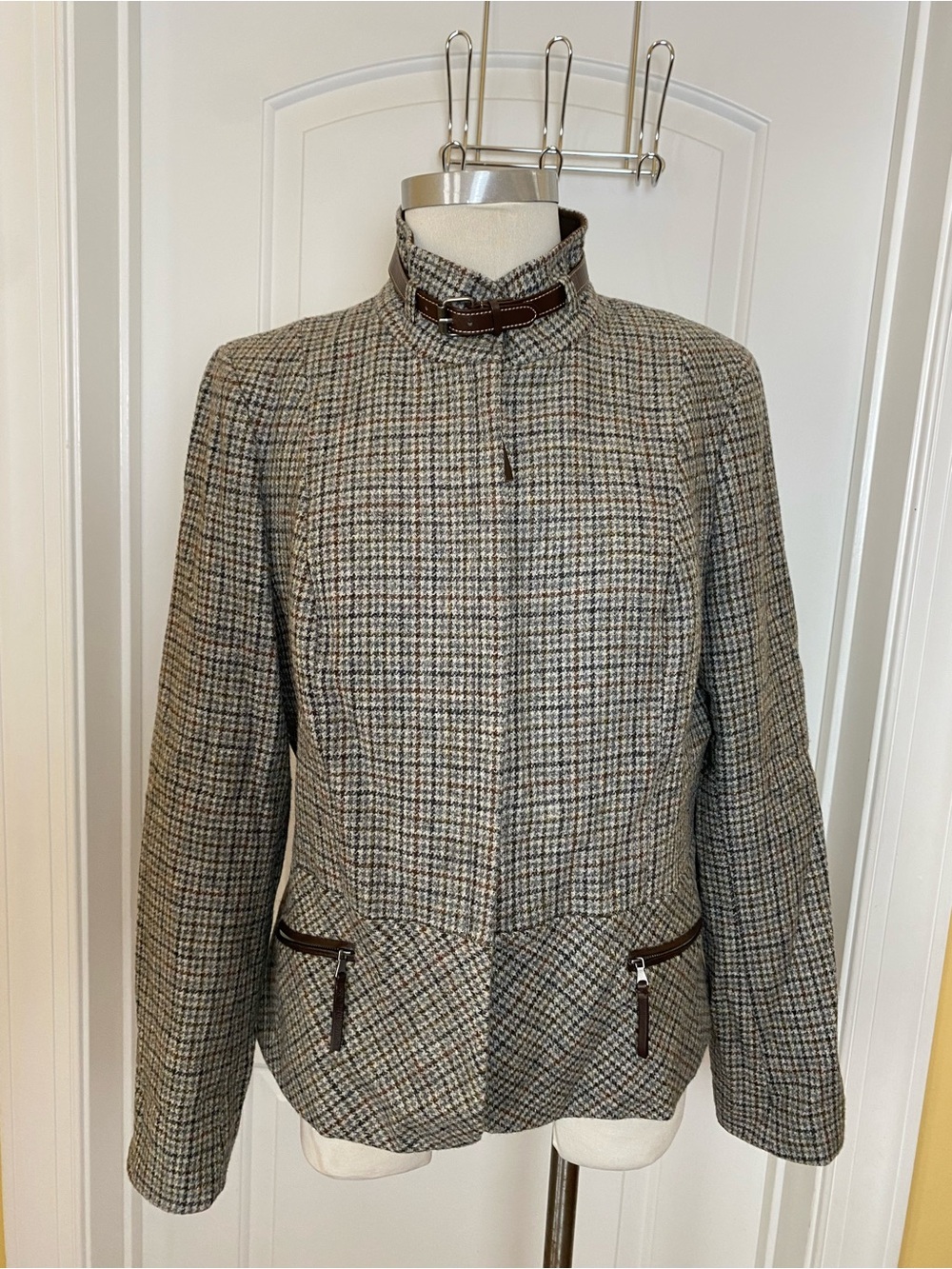 Vtg Talbots Wool Plaid Womens Jacket Blazer Preppy Brown Grays Riding Jacket 14
